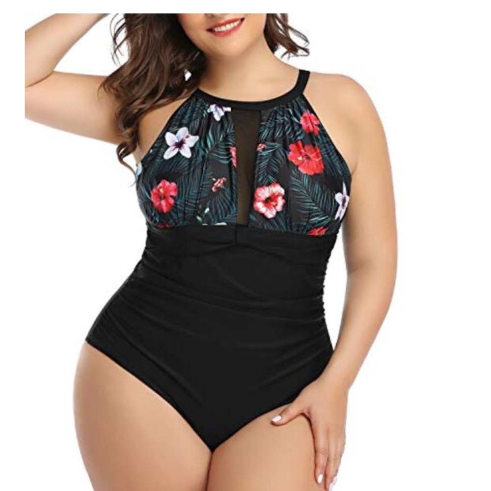 Black and Red Floral One Piece Swimsuit with High Neck -18W